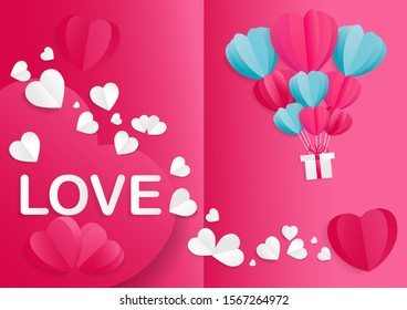 Valentine's Day background ,Wedding invitation cards or Valentine's Day celebrations with heart balloons for lovers, paper art style, Festival of love illustrations.