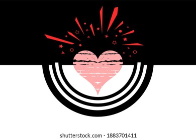Antecedentes del día de San Valentín. Antecedentes de la invitación a la boda. Fondo blanco y negro con corazón, confeti e ilustración de fuegos artificiales. 