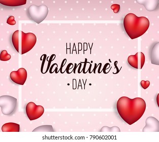 Valentine's day background with white frame. Vector concept illustration. 3d red white heart. Cute love sale banner, postcard, greeting card