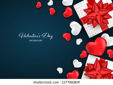 Valentine's day background of white gift boxes with red ribbons and many red and white hearts on dark blue color background. Valentines day concept for background, advertising and promotion.