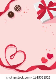 Valentine's Day background. White gift box tied with a red ribbon, chocolates, heart and confetti on pastel pink background. Copy Space. Flat lay top view composition.