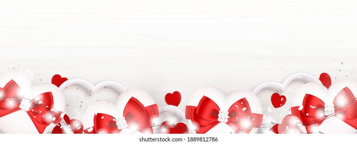 Valentines Day Background. White gift box tied red bow, Red paper hearts, Confetti, and decorative light isolated on white background. Top view. Copy space. Vector illustration.