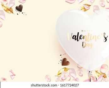 Valentine's day background. White heart shaped balloon with pink rose petals, golden leaves, heart chocolate. Background for copy space for text. Realistic Vector illustration. 