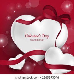 Valentine's day background of white hearts with red ribbon for your copy space on red background with bokeh. Concept of love design for Invitation to party or greeting card or banner.