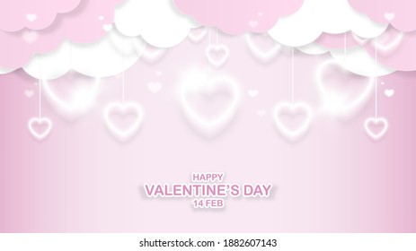 Antecedentes del día de San Valentín. Corazón de linternas blancas, nubes y forma de corazón aislados en un fondo rosa claro. Símbolo de amor. Elemento de bienvenida decorativa, fiesta, banner. Ilustración vectorial.
