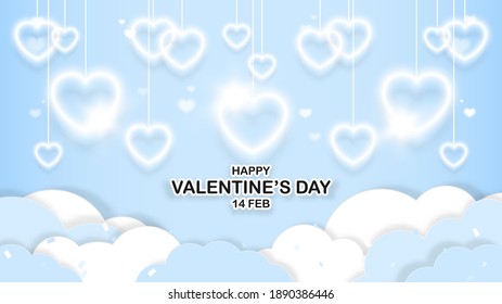 Valentine's day background. White lanterns hearts, Clouds, and heart shape bokeh isolated on light blue background. Symbol of love. Vector illustration.