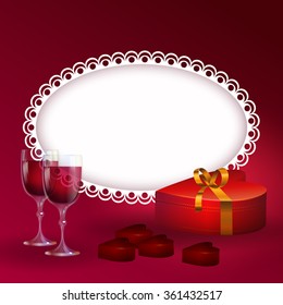 Valentines Day background with white oval frame, a box of heart shaped, gift and chocolates.