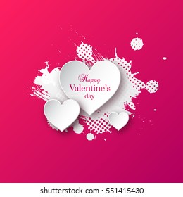 Valentine's day background with white paper hearts and watercolor splash. Abstract greeting banner. Vector illustration.