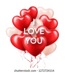 Valentines Day Background With White Red Heart Balloons. Romantic Wedding Love Greeting Card. February 14.