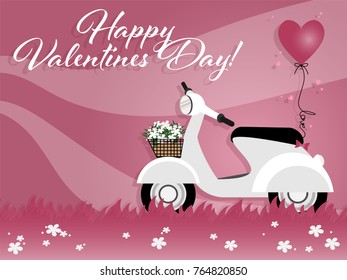 Valentine's Day background of white scooter with heart shape balloon with Love text in rope and small pink hearts in white flower field and Happy Valentine's Day text. Vector illustration.
