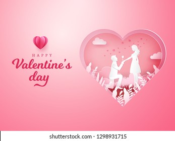 Valentine's Day background. Young man kneeling to his girlfriend and giving a rose with carved heart background. paper cut style vector illustration