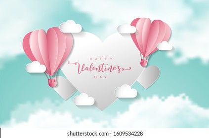 Valentines day background.Origami made hot air balloon flying heart float on the cloud. Vector illustration.