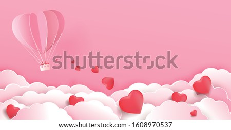 Valentines day background.Origami made hot air balloon flying heart float on the cloud. Vector illustration.banners.Wallpaper.Paper cut style.