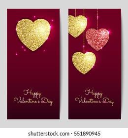 Valentines day backgrounds with gold and red hearts. Shining glitter textured valentines. Vector template for greeting cards, flyers. invitations.