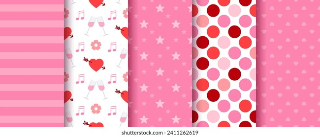 Valentine's day backgrounds. Seamless pattern. Packing paper with hearts, stripes, circles and star. Pink red textile prints. Set love textures. Collection festive backdrops. Vector illustration