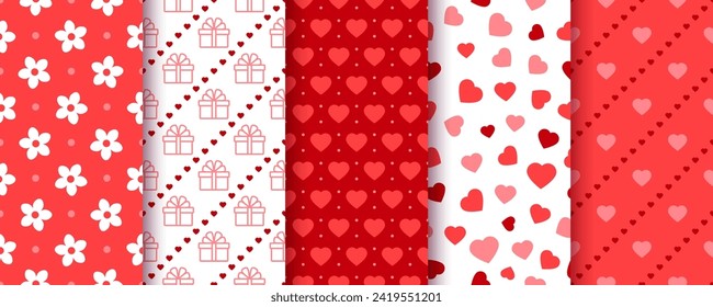 Valentinstag-Hintergründe. Nahtloses Muster. Verpackungspapier mit Herz, Blumen und Geschenkbox. Frische rote Stoffdrucke. Legen Sie Liebestexturen fest. Kollektion Retro-festliche Hintergründe. Vektorgrafik