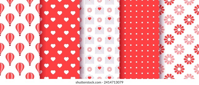 Antecedentes de San Valentín. Patrones sin inconvenientes. Coloca texturas con calores, puntos de polka y flores. Huellas románticas rojas. Bonito papel de envoltura. Ilustración vectorial. Fondo para la reserva de recortes