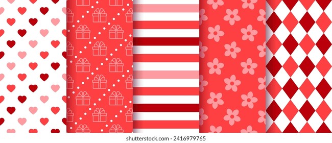 Valentine's day backgrounds. Seamless patterns. Set textures with heats, gifts, stripes and flowers. Red pink romantic print. Cute lovely wrapping paper. Vector illustration. Backdrop for scrapbooking