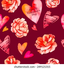 Valentines day background.Seamless pattern of hearts and roses. Camellia. Vector.