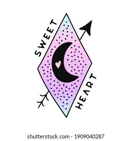 Valentines day badge design with heart, arrow and quote - sweet heart. Trending holographic colors. Stock vector label isolated