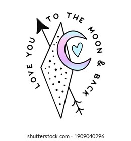 Valentines day badge design with Luna, heart and quote - Love you to the moon and back. Trending holographic colors. Stock vector label isolated