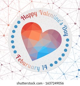 Valentine's Day badge. Geometric heart on red and blue mesh network background, red and blue polygons. Artistic digital style vector illustration.