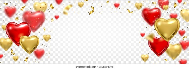 Valentines Day Balloon Banner. Red golden heart balloons with confetti. Vector design template background