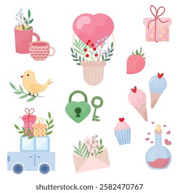 Valentine's Day, balloon, gift card, elixir of love, ice cream, cupcake, heart, bird, love, background, romantic, holiday, romance,