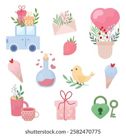 Valentine's Day, balloon, gift card, elixir of love, ice cream, cupcake, heart, bird, love, background, romantic, holiday, romance,