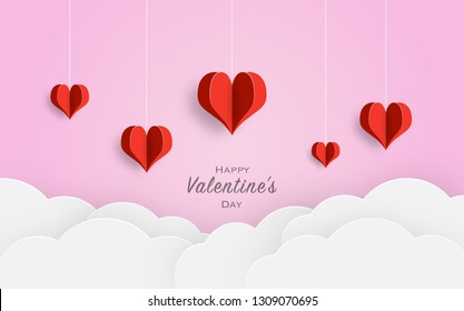 Valentine's day balloon heart on pink background with paper cut red heart and clouds. Vector illustration. Wallpaper, invitation, card, posters and festive banner.