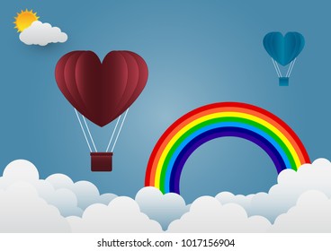 valentine's Day balloon heart-shaped floating in the sky and beautiful mountains cloud.paper art.vector illustration