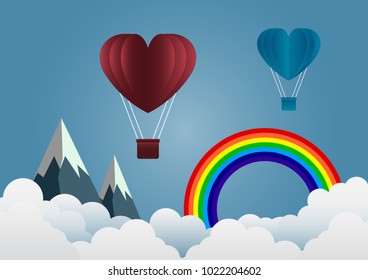 valentine's Day balloon heart-shaped floating in the sky and beautiful mountains cloud.paper art.vector illustration