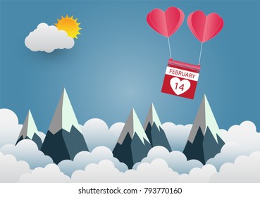 valentine's Day balloon heart-shaped floating in the sky and beautiful mountains cloud.paper art.vector illustration