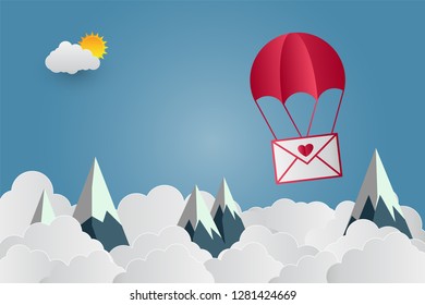 valentine's Day Balloon letter floating in the sky and beautiful mountains cloud.paper art.vector illustration