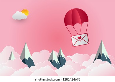 valentine's Day Balloon letter floating in the sky and beautiful mountains cloud.paper art.vector illustration