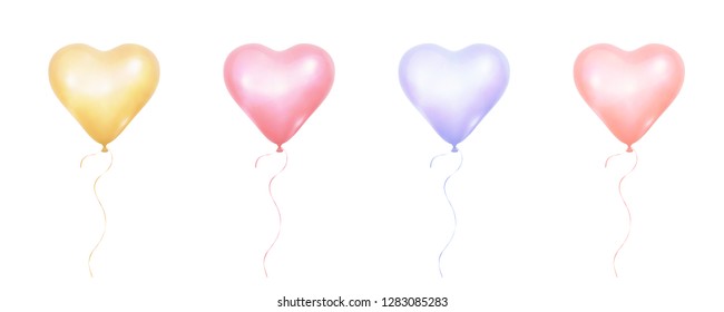 Valentines Day balloons. Bunch of realistic pastel colors balloons of heart shape.