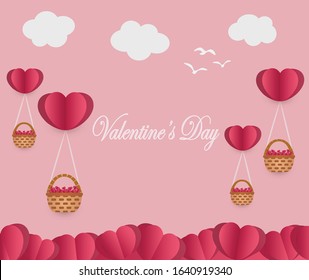 Valentine's Day with balloons heart pattern on pink red background. Valentine concept vector illustration Romantic postcard cute love sale banner paper cut.