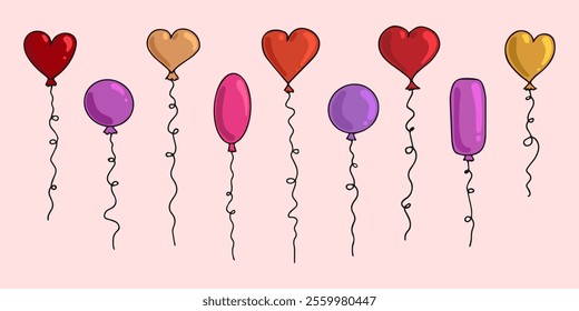Valentine's Day balloons in heart and round shapes, hand drawn romantic doodles of air balloons for love holiday. Vector illustration.