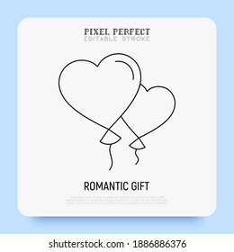 Valentine's day. Balloons in heart shape super thin line icon. Birthday, anniversary celebration. Pixel perfect, editable stroke. Vector illustration.