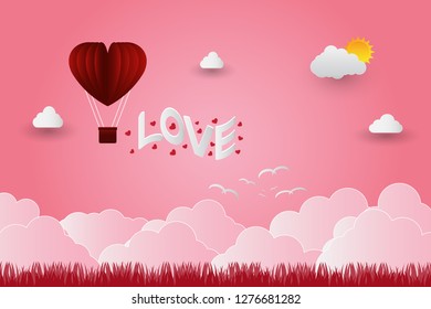 Valentine's day balloons in a heart shaped flying over grass view background, paper art style. vector illustrator