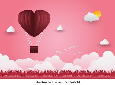 Valentine's day balloons in a heart shaped flying over grass view background, paper art style. vector illustrator