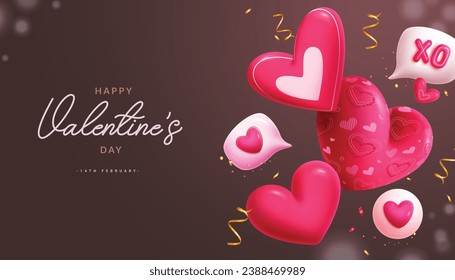 El día de San Valentín globa el diseño del vector del corazón. Feliz día de San Valentín texto de saludo con elementos decorativos de globos cardíacos para el trasfondo de la temporada navideña. Tarjeta de invitación del día del corazón de la ilustración del vector.