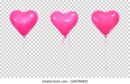 Valentine's Day balloons. Set of realistic pink helium balloons of heart shape and ribbons.