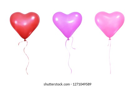 Valentine's Day balloons. Set of realistic helium balloons of heart shape and ribbons.