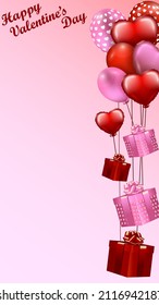 Valentine's Day. Balloons, balloons in the shape of a heart, gifts. Vertical template design for banners, flyers, greeting cards, social media. Vector illustration isolated on pink-white background