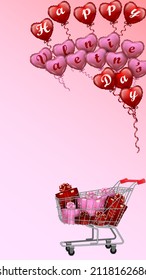 Valentine's Day. Balloons in shape of heart, gifts in shopping cart. Vertical template design for banners, flyers, greeting cards, social media. Vector illustration isolated on pink-white background