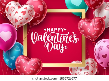 Valentines day balloons vector background design. Happy valentines day greeting text in gold frame with colorful balloon patterns and heart elements in red background. Vector Illustration.