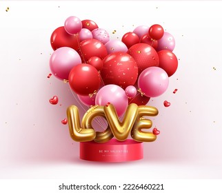 Valentine's day balloons vector design. Valentine's day love text with balloon bunch and podium stage for product display background. Vector Illustration.
