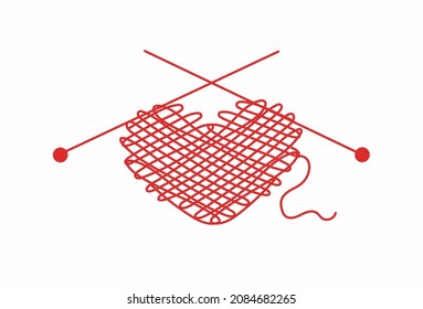 Valentine's Day. Balls of thread in the shape of a heart, knitting needles. Drawn icons in line art style. Vector illustration . Isolated background.