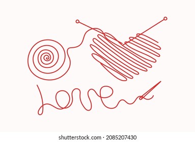 Valentine's Day. Balls of thread in the shape of a heart, knitting needles. Drawn icons in line art style. Vector illustration . Isolated background.